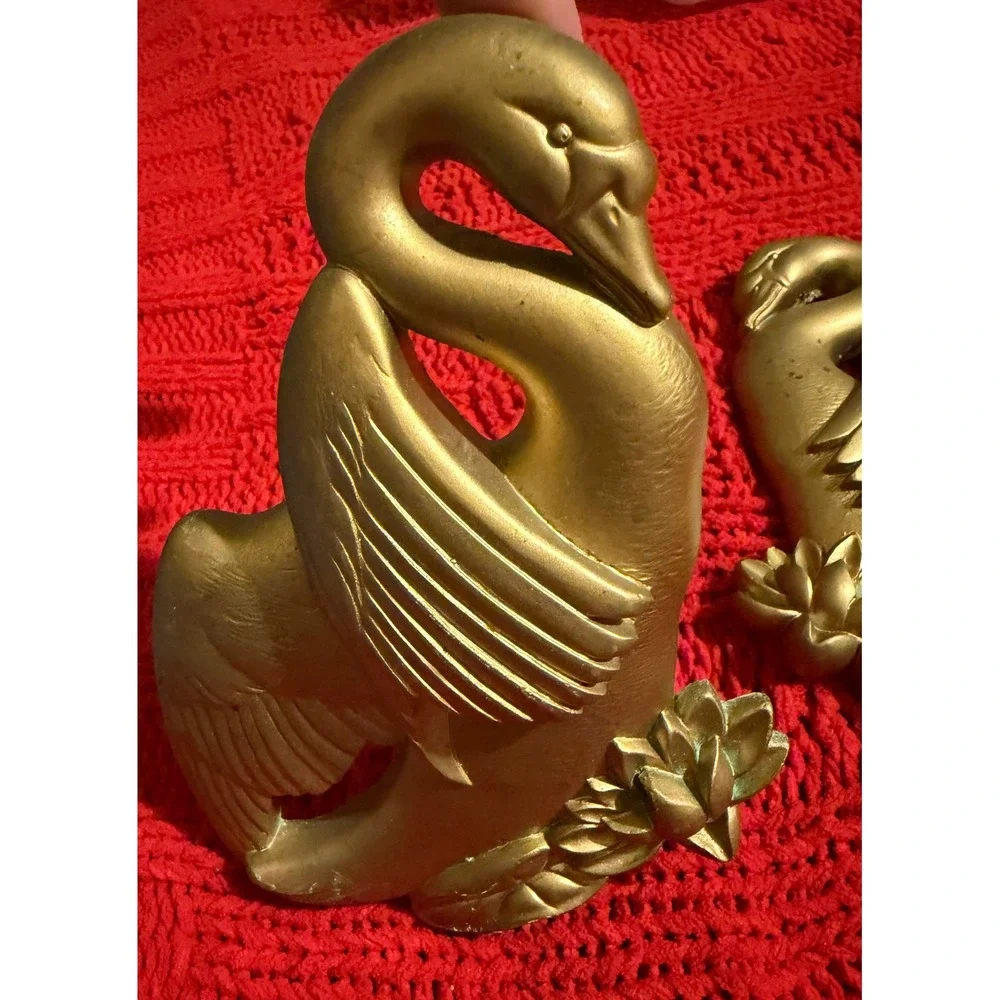 Vintage Gold Swan Wall Plaques Set of 2 Hollywood Regency Lotus Decor